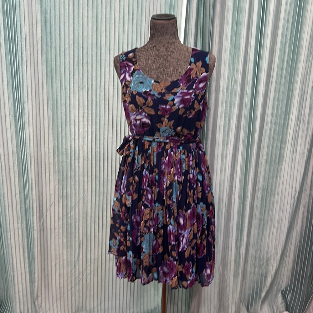 Pink Blush Knee Length Tank Pleated Floral Navy Watercolor Purple Blue Belted L